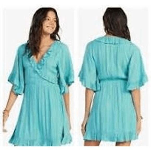 Roxy Second Look Dress Sz L Turquoise Blue coastal cowgirl boho gauze - Picture 2 of 11